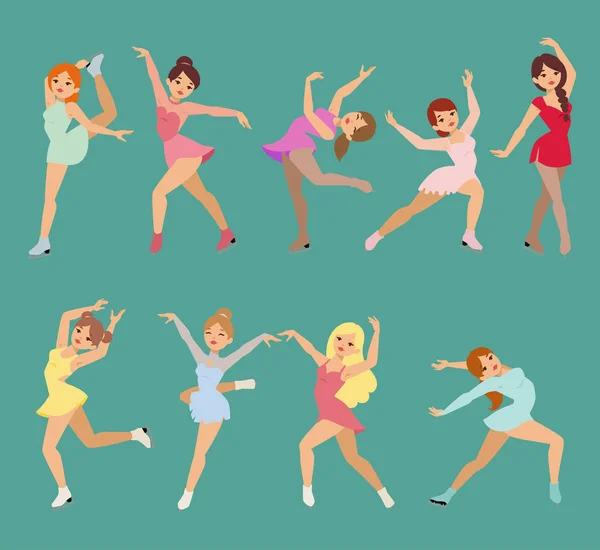 Krasobruslař ice vektor kreslené trik postava ženy krása sportovní dívky dělají cvičení a triky skákání krasobruslařka znaky tanečnice figurist brusle holky výkon ilustrace — Stockový vektor