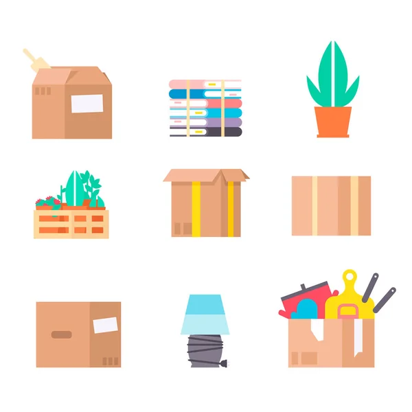 Mover caixa de serviço completo vetor ilustração caixa de artesanato pacote isolado no fundo. Novo pacote de transporte de realocação da casa serviço de carga — Vetor de Stock