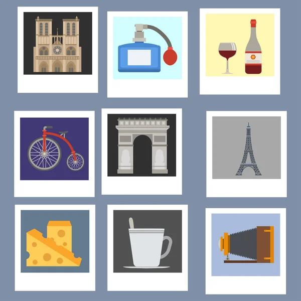 Iconos de París vector famoso viaje cocina tradicional moderna francia cultura europe eiffel París moda diseño arquitectura símbolos ilustración . — Vector de stock