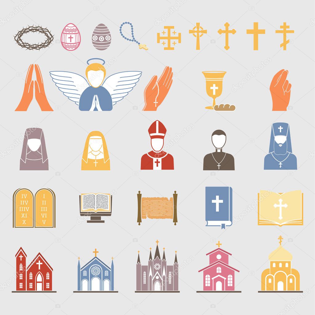 Christianity religion vector flat icons Illustration traditional holy bible symbols candle silhouette. praying people design and faith priest church architecture building. Easter christian symbols