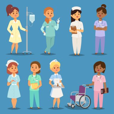 Çizgi film kadın doktorlar hemşireler vektör kız hastane insanlarla tanışmak. Hemşireler karakter kadın üniforma. Hemşireler karakter pratisyen hekim Hastanesi tedavi hasta ve doktor personel yardımcı