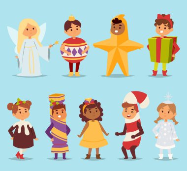 Sevimli çizgi vektör karnaval tatil kostümleri çocuklar. İnsanlar mutlu kız karnaval kılık küçük genç elbise çocuklar. Eğlenceli tatil portre neşeli karnaval kılık vektör set çocuklar