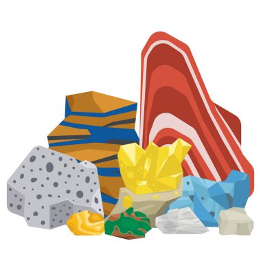 Yarı değerli taşlar taş ve mineral taş izole zar renkli parlak kristal mineral mücevher illüstrasyon vektör.