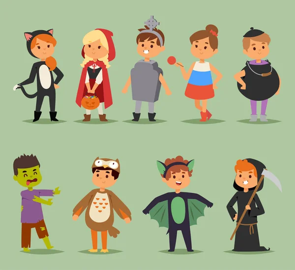 Cartoon schattige kinderen dragen van Halloween kostuums vector tekens. Klein kind mensen Halloween vleermuis, snoep, ghost, zombie kinderen kostuum. Jeugd leuke tekenfilm van jongens en meisjes kostuum — Stockvector