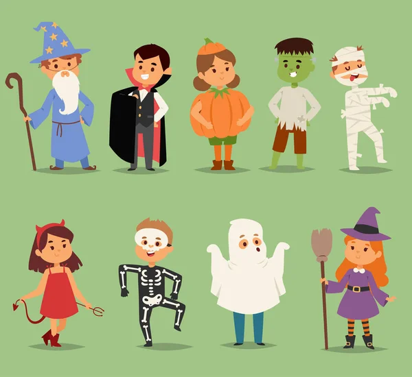 Çizgi film şirin çocuklar Cadılar Bayramı kostümleri giyen karakter vektör. Küçük çocuk insanlar Cadılar Bayramı dracula, cadı, hayalet, zombi Çocuklar kostüm. Çocukluk eğlenceli çizgi film erkek ve kız kostüm — Stok Vektör