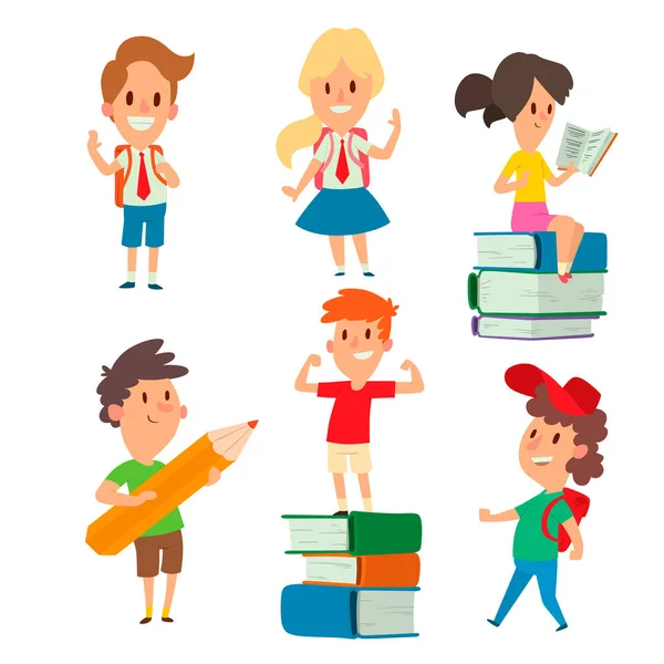 Children studying school kids going study together childhood happy primary education character vector. — Stock Vector