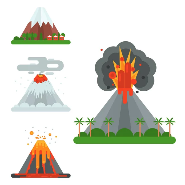 Volcano magma vector nature blowing up with smoke crater volcanic mountain hot natural eruption earthquake illustration. — Stock Vector
