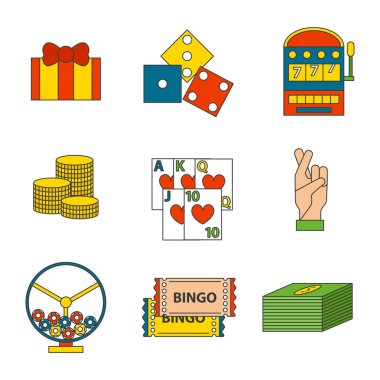 Casino oyun simgeleri poker kumarbaz sembolleri kazanan rulet joker slotbvector illüstrasyon blackjack.