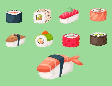 Suşi Japon mutfağının geleneksel gıda düz sağlıklı gurme simgeler Asya yemek kültürü rulo vektör çizim.