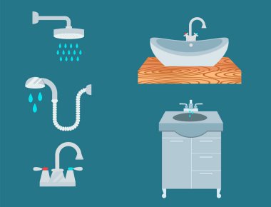 Banyo simgeler işlemi su tasarruf sembolleri hijyen yıkama güzellik vektör çizim Temizleme.