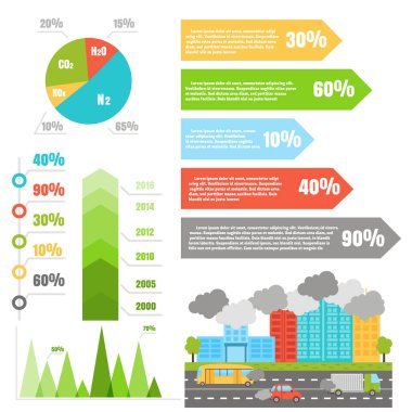 Hava su ile ekoloji infographics ayarla ve toprak kirliliği grafik illüstrasyon vektör.
