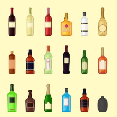 Alkol içki içecekler kokteyl şişe bira konteyner sarhoş farklı gözlük vektör çizim.
