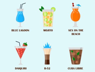 Alkol içki içecekler kokteyl lager konteyner sarhoş farklı gözlük vektör çizim.