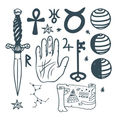 Trendy vektör ezoterik semboller elle çizilmiş din felsefesi maneviyat yöneltici kimya bilim sihirli illüstrasyon kroki