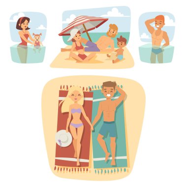 İnsanlar plajda açık havada, yaz yaşam tarzı güneş ışığı eğlenceli zaman çizgi film karakterleri illüstrasyon vektör mutlu tatil.