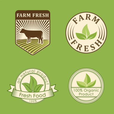 Biyo çiftlik Organik Eko sağlıklı gıda şablonlar ve vintage vegan yeşil renk Restoran Menü veya paket rozet vektör çizim için.