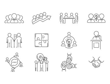 İş takım çalışması ekip oluşturma ince çizgi simgeler komut yönetimi anahat insan kaynakları kavramı vektör çizim çalışması