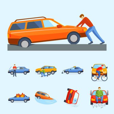 Araba kazasında çarpışma trafik sigorta Emanet otomobil acil afet ve acil afet hız onarım ulaşım vektör çizim.