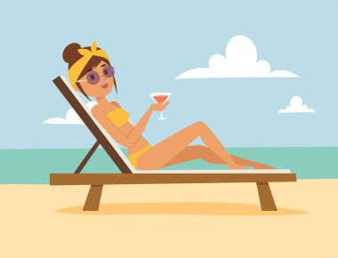 Kadın plajda açık havada, yaz yaşam tarzı güneş ışığı eğlenceli tatil mutlu saat çizgi film karakteri vektör çizim.