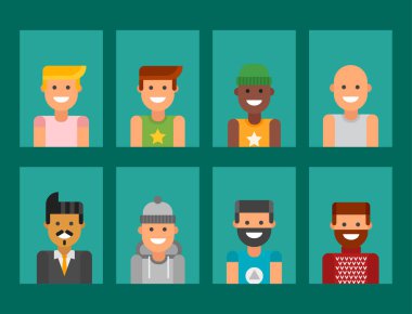 Erkekler flayer broşür düzen kartı portre farklı milliyet dostluk karakter insanlar adam kişi vektör çizim grup.