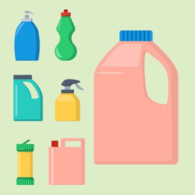 Ev Kimyasalları şişe malzemeleri temizlik ev işi sıvı aile içi sıvı temiz paketi vektör çizim.
