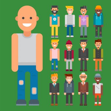 Grup erkek portre farklı milliyet dostluk karakter takım mutlu insanlar genç adam kişi vektör çizim.