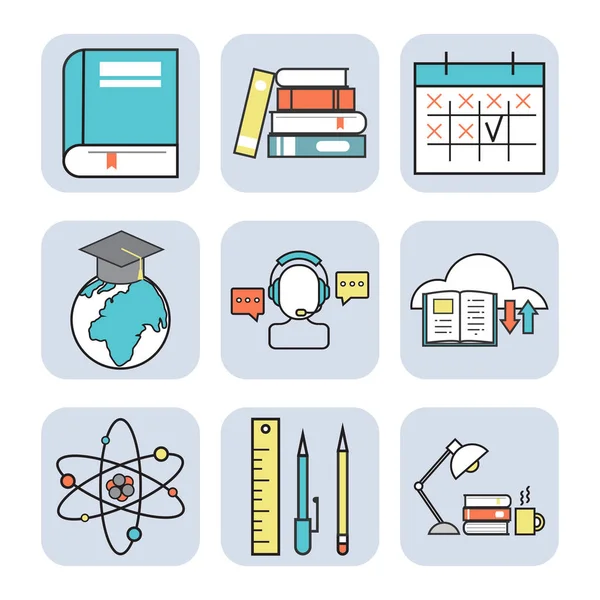 Плоскі іконки дизайну онлайн освіта співробітників навчальний книжковий магазин дистанційного навчання Векторні ілюстрації — стоковий вектор