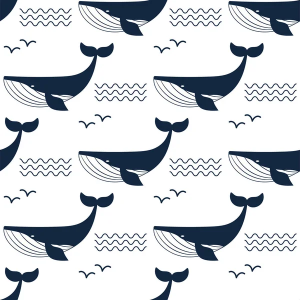 Vector whale illustration aquatic animal seamless pattern background — Stock Vector