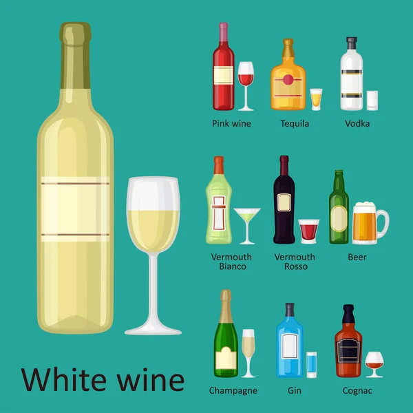 Alkohol italok italok koktél üveg lager konténer részeg különböző szemüveg vektoros illusztráció. — Stock Vector