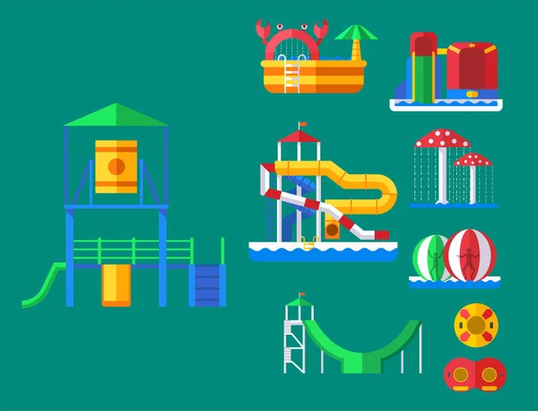 Aire de jeux aquapark avec toboggans et tampons d'éclaboussure pour l'illustration vectorielle amusante en famille . — Image vectorielle