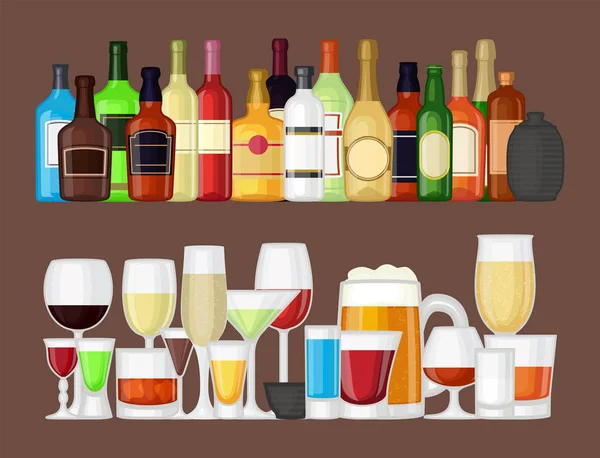 Alkohol drycker drycker cocktail flaska lager behållare full olika glasögon vektorillustration. — Stock vektor