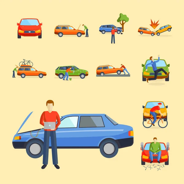 Accidente de coche colisión seguro de tráfico seguridad automóvil emergencia desastre y emergencia desastre velocidad reparación transporte vector ilustración . — Archivo Imágenes Vectoriales