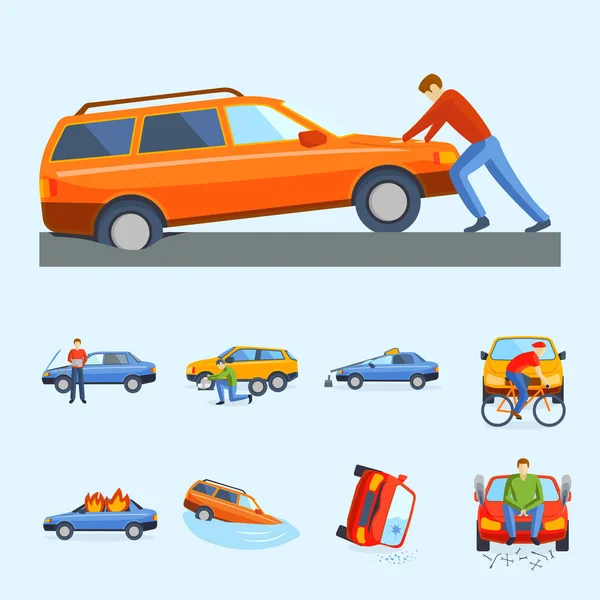 Car crash collision traffic insurance safety automobile emergency disaster and emergency disaster speed repair transport vector illustration. — Stock Vector