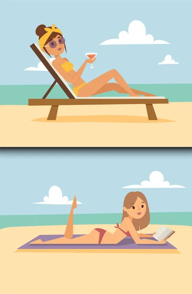 Mulher na praia ao ar livre, verão estilo de vida luz solar diversão férias feliz tempo desenhos animados personagens vetor ilustração . — Vetor de Stock