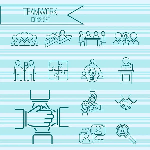 Lavoro di squadra team building sottile linea icone lavoro comando gestione contorno risorse umane concetto vettoriale illustrazione — Vettoriale Stock