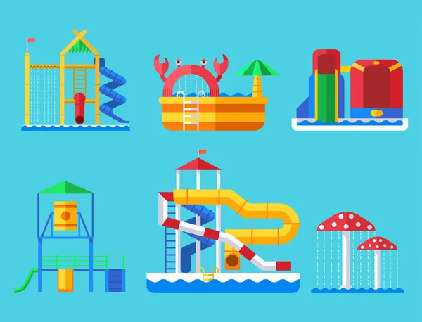 Water aquapark playground with slides and splash pads for family fun vector illustration. — Stock Vector