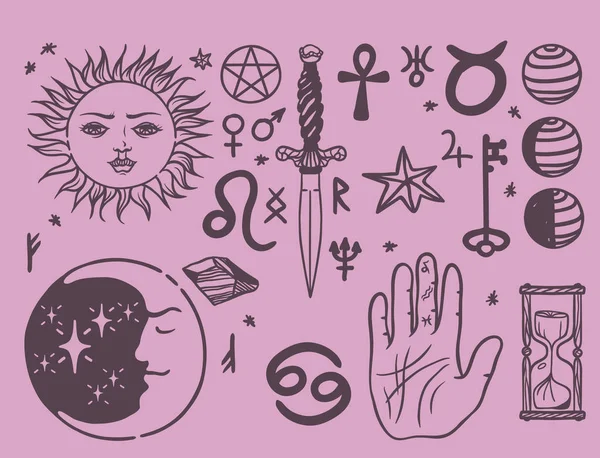 Trendiga vektor esoteriska symboler skiss handritad religionen filosofi andlighet ockultism kemi vetenskap magiska illustration — Stock vektor