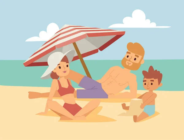 Pessoas na praia ao ar livre, estilo de vida de verão diversão em família férias feliz tempo desenhos animados personagens vetor ilustração . — Vetor de Stock