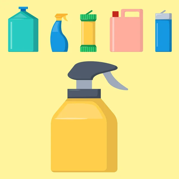 Flessen van huishoudelijke chemicaliën levert schoonmaak huishoudelijk werk vloeibare binnenlandse vloeistof schonere pack vectorillustratie. — Stockvector