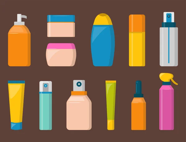 Botellas de cosmética cosmetología loción maquillaje belleza plástico líquido crema contenedor fluido paquete vector ilustración . — Archivo Imágenes Vectoriales