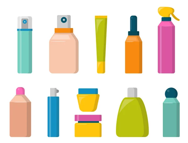 Botellas de cosmética cosmetología loción maquillaje belleza plástico líquido crema contenedor fluido paquete vector ilustración . — Archivo Imágenes Vectoriales