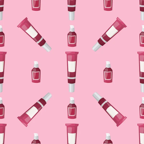 Flaskor av kosmetiska kosmetika lotion makeup skönhet sömlösa mönster grädde vätskebehållare flytande pack vektor illustration. — Stock vektor