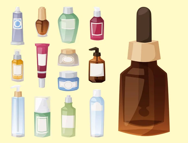 Botellas de cosmética cosmetología loción maquillaje belleza plástico líquido crema contenedor fluido paquete vector ilustración . — Vector de stock