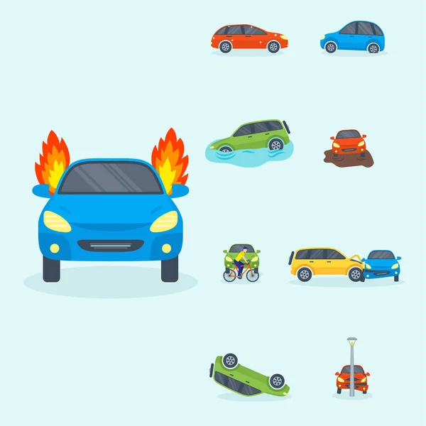 Accidents de voiture assurance collision sécurité automobile catastrophe et réparation d'urgence vecteur illustration . — Image vectorielle