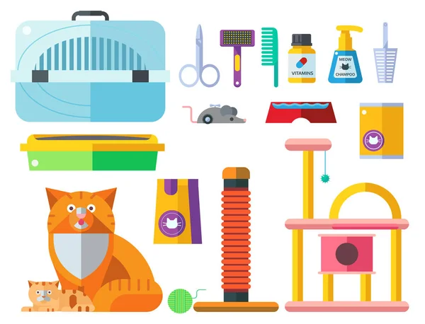Colorido acessório gato bonito vetor ícones animais pet equipamentos comida doméstico felino ilustração . — Vetor de Stock