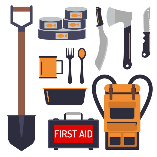 Kit de emergência de sobrevivência para itens de equipamentos vetoriais de evacuação ferramenta de acampamento de viagem mochila exploração turismo caminhadas desastre — Vetor de Stock