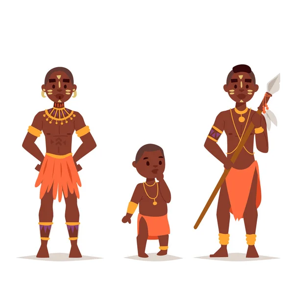 De Afrikaanse bevolking Maasai in traditionele kleding gelukkig mens gezinnen vector illustratie. — Stockvector