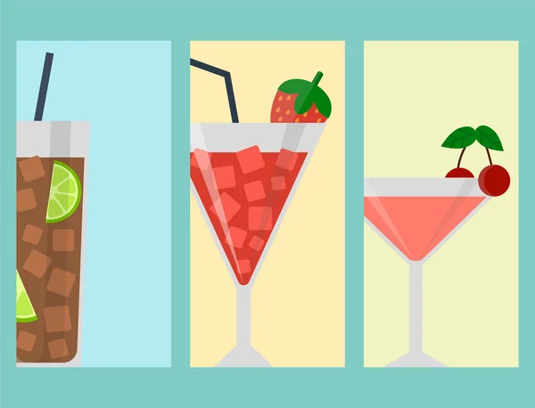 Bebidas alcohólicas bebidas cóctel lager tarjeta diseño borracho diferentes vasos vector ilustración . — Vector de stock