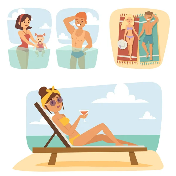 Pessoas na praia ao ar livre, verão estilo de vida luz solar diversão férias feliz tempo desenhos animados personagens vetor ilustração . — Vetor de Stock