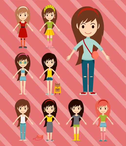 Street fashion girls models wear style fashionable stylish woman characters clothes looks vector illustration — Stock Vector